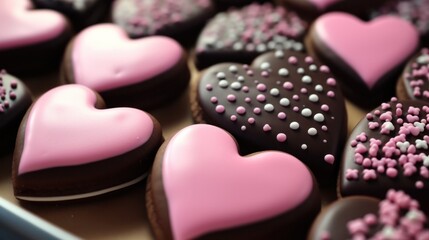 Obraz na płótnie Canvas Heart-shaped cookies decorated with pink icing for Valentine's Day. Festive treats and sweets.