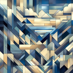 Digital cubist art painting depicting a landscape made of overlapping geometric planes and shapes in muted bluish hues reminiscent of works by Juan Gris