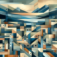 Digital cubist art painting depicting a landscape made of overlapping geometric planes and shapes in muted bluish hues reminiscent of works by Juan Gris - obrazy, fototapety, plakaty