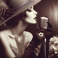 Elegant vintage retro lady portrait singing into a old microphone, sepia tone image with blurred...