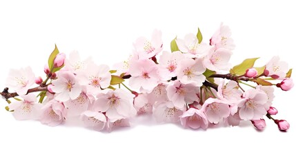 Fototapeta premium Spring sakura cherry blooming flowers bouquet. Isolated realistic pink petals, blossom, branches, leaves vector set. Design spring tree illustration, generative ai