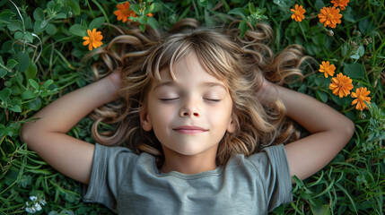 Carefree child lying on grass background
