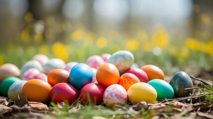 Fototapeta na wymiar Colorful easter eggs on green grass with yellow flowers