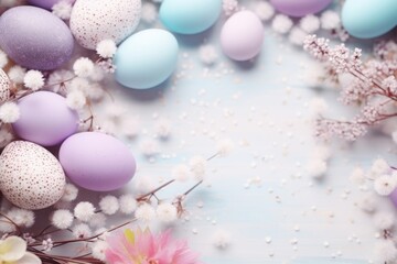 Easter eggs and spring flowers on a blue wooden background