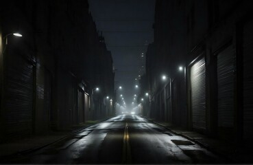 dark straight alley road, with silhouettes of cars on the right and left sides - obrazy, fototapety, plakaty
