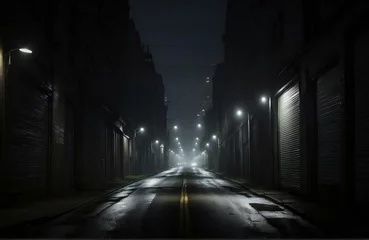 Foto op Canvas dark straight alley road, with silhouettes of cars on the right and left sides © Maftuh