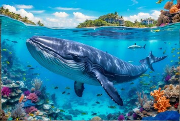 a giant blue whale swimming in a deep beautiful blue ocean reef at an island with fishes, seaweed and corals. turquoise water color. 16:9 4k background wallpaper - obrazy, fototapety, plakaty