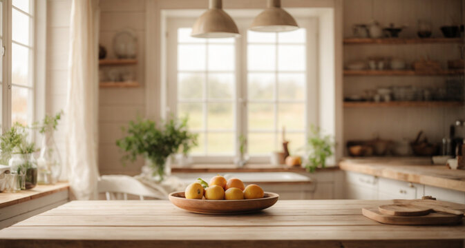 Empty wooden table with vase of wild flowers and fruits near the window, rustic kitchen background in a country house. High quality photo
