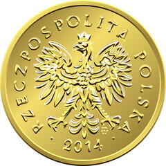 vector obverse Polish Money two groszy copper coin with eagle in a golden crown, old design - obrazy, fototapety, plakaty