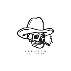 Vintage retro linear smoking cowboy skull logo design badge