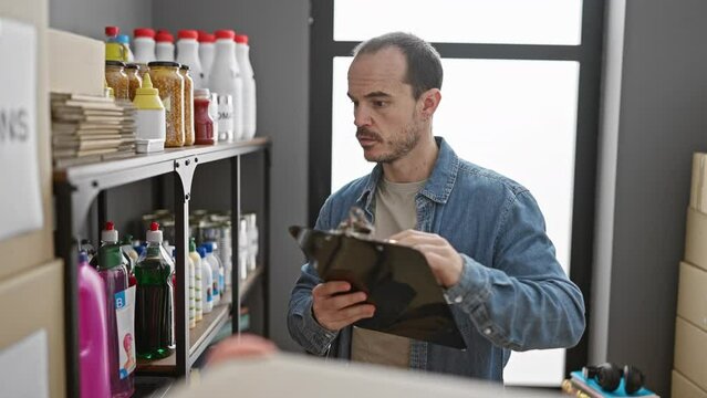 A focused bald man with a beard volunteers by documenting inventory in a donation center warehouse.