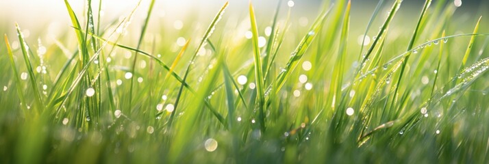 Morning dew on green grass sparkles in the sunlight, epitomising a Freshness concept, banner 