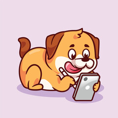 Cartoon dog playing with phone tablet
