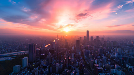 Fototapeta premium Sunset over a sprawling cityscape with vivid colors in the sky