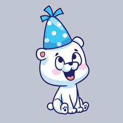 Cartoon cute polar bear wearing birthday party head