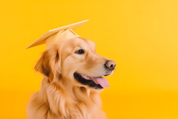 Graduate puppy dog on yellow background. Neural network AI generated art