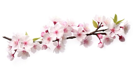 Spring sakura cherry blooming flowers bouquet. Isolated realistic pink petals, blossom, branches, leaves vector set. Design spring tree illustration, generative ai