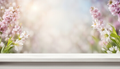 Spring flowers background with empty wooden table top in front. Cherry blossom blank banner, generated by AI - obrazy, fototapety, plakaty