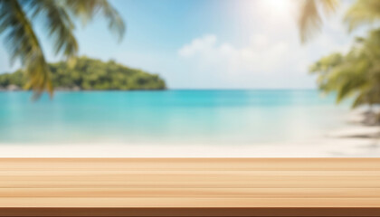 Empty wooden table top in focus, front view, blurred summer beach background. Blank table with copy space for advertising product. Paradise vacation horizontal banner, generated by AI