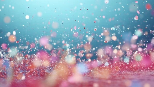 Festive glittering falling confetti. Elegant colorful particle flow. Gentle stream of luxury dust, magical snowfall, creative soft bokeh, awarding abstract background. 3d rendering. 3d render and