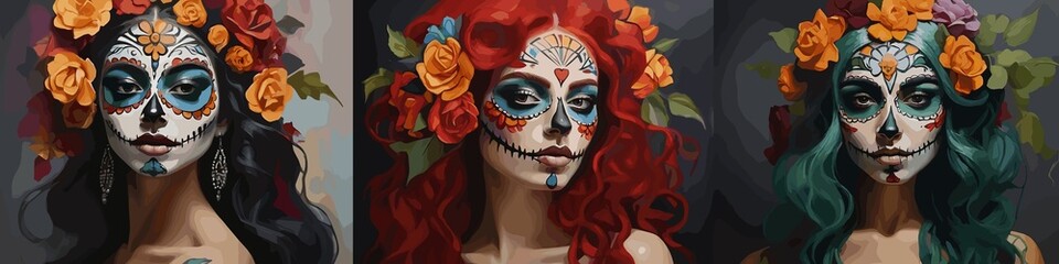 Painted portrait. Three woman with day of the dead face paint and flower colors in her black, red, green hair. Generative AI