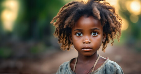 Close-up portrait of a little African girl with expressive eyes, conceptualising the problems of the African continent  - obrazy, fototapety, plakaty