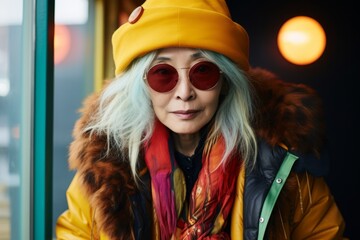 stylish senior woman in sunglasses and yellow jacket on street at night
