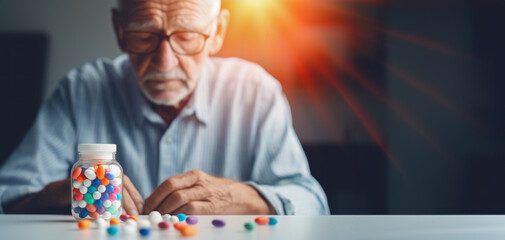 A contemplative elderly gentleman examines his daily medications, pondering his health regimen, on dark background 