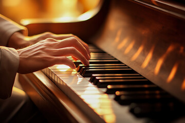 Men's hands playing the piano, The gentle touch of the pianist, the moment , the concept of...