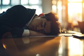 businessman sleeping or napping on the office desk, overworked stress exhausted exhaustion - obrazy, fototapety, plakaty