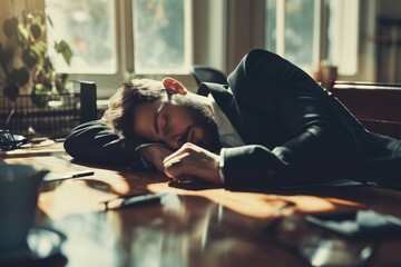 businessman sleeping or napping on the office desk, overworked stress exhausted exhaustion