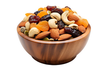 Top side closeup macro view of Bowl of dry fruits, on a white isolated background PNG - obrazy, fototapety, plakaty