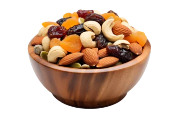 Selbstklebende Fototapeten Top side closeup macro view of Bowl of dry fruits, on a white isolated background PNG © JetHuynh