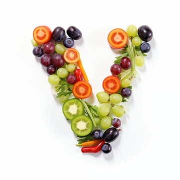 V letter out of vegetables and fruits isolated on white background.