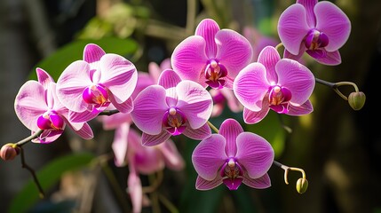 Beautiful orchid flowers and green leaves background in the garden. Colorful Orchid flowers in tropical garden, green background