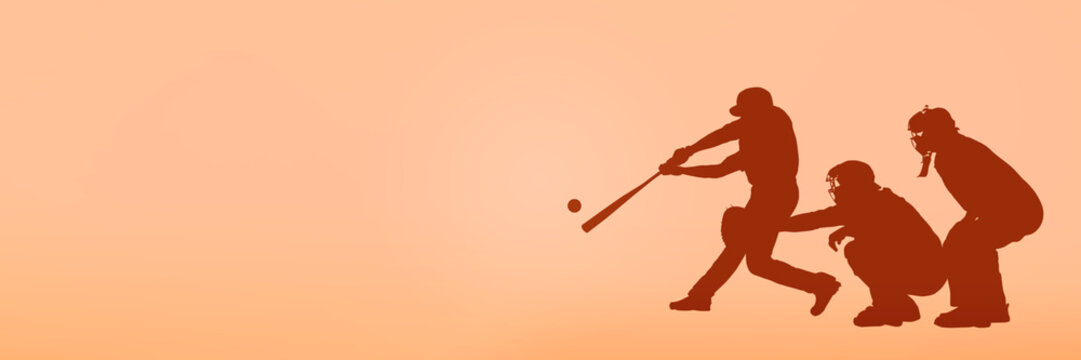 Baseball sports banner. Silhouettes of professional baseball players on peach colors background