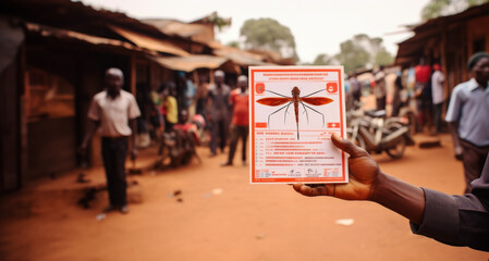 Person holding a public health poster about Malaria disease prevention, with a bustling African market in the background, emphasizing community awareness