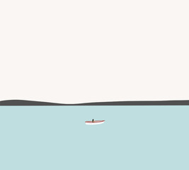 Fototapeta premium Woman on white boat in middle of the water lake. Classic design, moving on water. Enjoying and relaxing on holiday vacation. Minimal style. 