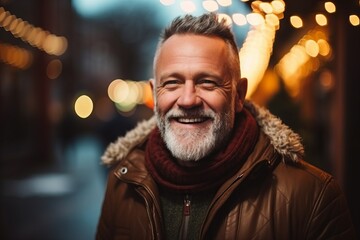 Portrait of a smiling senior man in a city at night.
