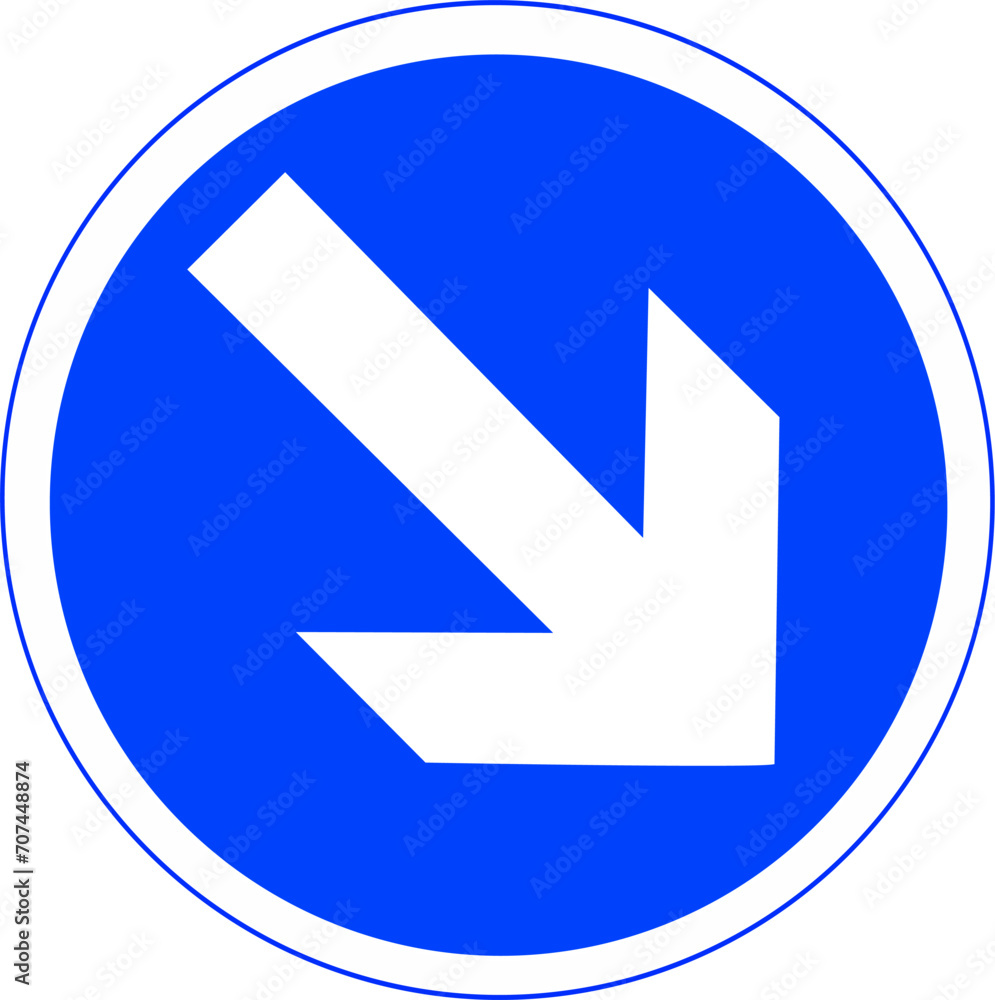 Poster road sign keep to the right. it consists of a right facing diagonal white arrow in a blue circle. re
