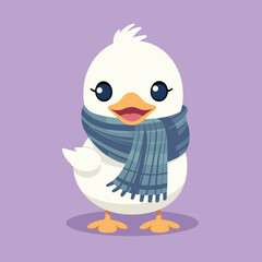 Cute cartoon duck wearing a blue striped scarf. Charming and friendly duckling character vector illustration. Warm clothing animal theme vector illustration.