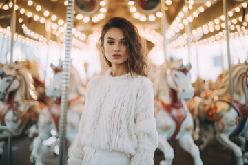 Fototapeta premium Beautiful woman in winter white clothes stands in front of children's carousels Ai Generative