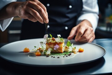 Obraz na płótnie Canvas A close-up shot of a Michelin-starred chef delicately plating a dish Ai Generative