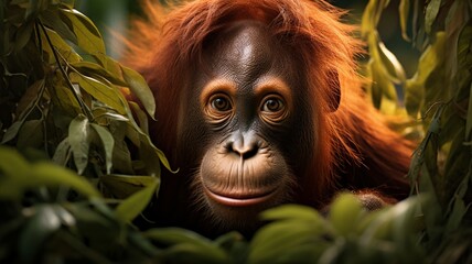 Curious orangutan peering through the foliage, its intelligent eyes capturing the essence of the jungle  -Generative Ai
