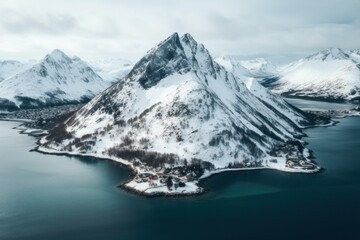 Fototapeta na wymiar A drone shot of a snow-covered mountain and a lake Ai generative