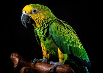 Obraz premium Green and yellow parrot with a black background Ai generative 