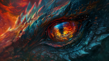 Close up of a mystical dragon's eye, represents foresight, wisdom, and protection