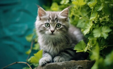 Naklejka na ściany i meble Gray kitten is sitting on top of a wall, in the style of lush scenery, wimmelbilder Ai Generative