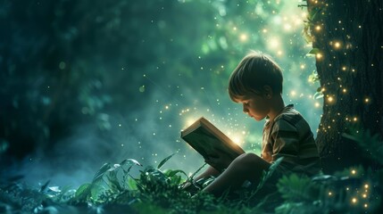a cute young boy kids opens and reads a fairy tale story fantasy book and immerses with his childhood imagination in creative magic world sitting outdoors in a park at a tree