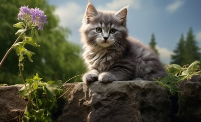 Obraz premium Gray kitten is sitting on top of a wall, in the style of lush scenery, wimmelbilder Ai Generative